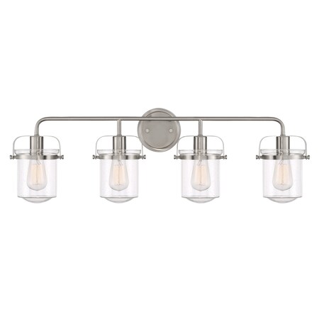 Designers Fountain Jaxon 33in 4-Light Brushed Nickel Industrial Indoor Vanity Light with Clear Seedy Glass Shades 90604-BN